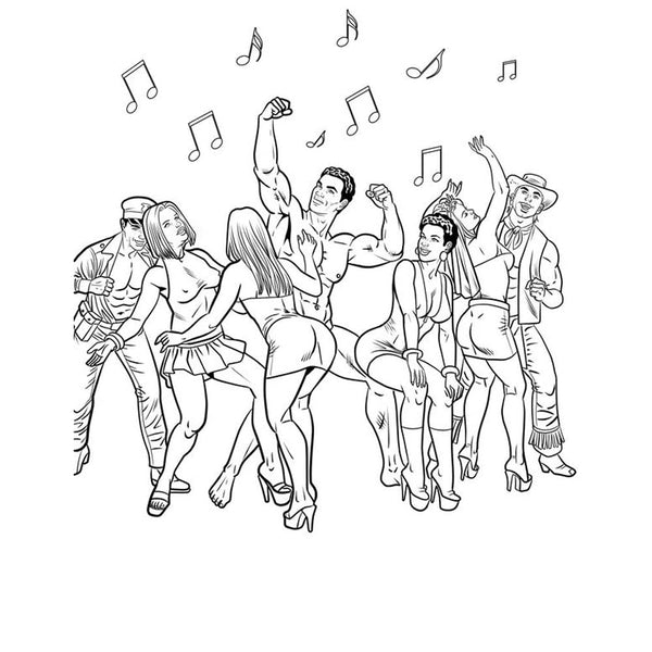 Interior coloring page featuring a lively mixed group dancing together with musical notes overhead