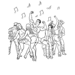 Interior coloring page featuring a lively mixed group dancing together with musical notes overhead
