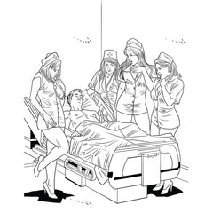 Interior coloring page showing nurses gathered around a patient's hospital bed, black and white line art