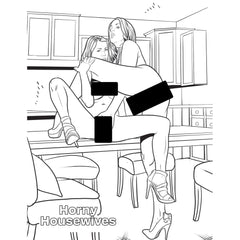 Interior coloring page titled Horny Housewives featuring bold line-art style illustration