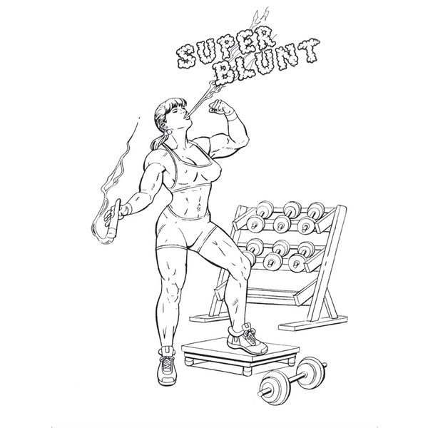 Interior coloring page titled Super Blunt depicting a muscular woman in a gym setting with weights