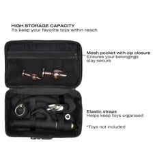 Interior of Discreet Box open showing mesh zip pocket and elastic straps for organization