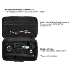 Interior of Dorcel Discreet Box showing mesh pocket, elastic straps, and adult toy storage
