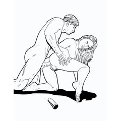 Interior line-art illustration from the adult coloring book showing two figures, ready to colour