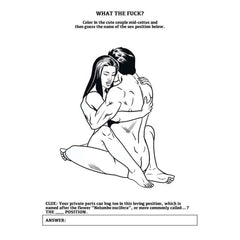 Interior page of adult activity book showing couples coloring illustration with trivia prompt