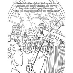 Interior page depicting the Fellowship parody group assembled in a grand stone setting