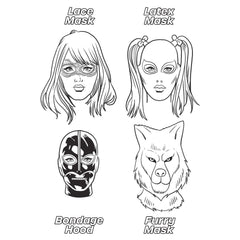 Interior page of Fetishes Are Fun coloring book showing four mask styles in black-and-white line art