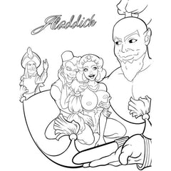 Interior page of Porn Parody Coloring Book showing Aladdick parody line art scene