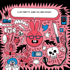 Interior spread showing anxious pink rabbit character surrounded by chaotic illustrated icons and text