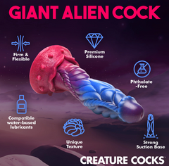 Intruder alien dildo feature infographic: firm silicone, phthalate-free, unique texture, suction base