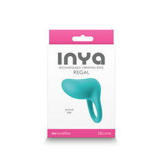 INYA Regal rechargeable vibrating ring in teal displayed in its retail packaging