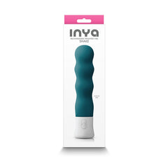 INYA Shake rechargeable weighted vibe in teal shown in its retail packaging