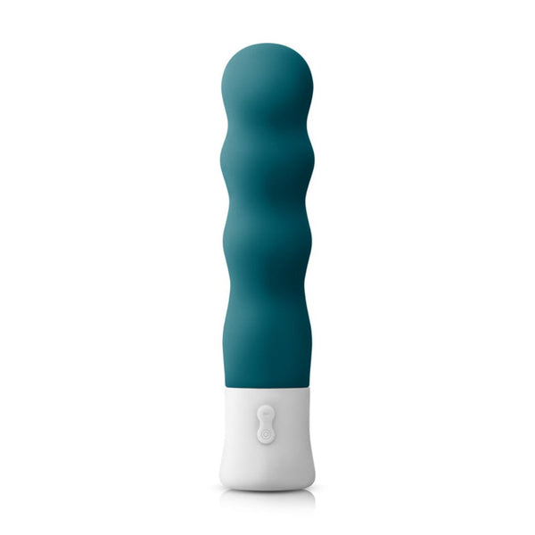 INYA Shake vibrator in dark teal silicone with rippled shaft and white base