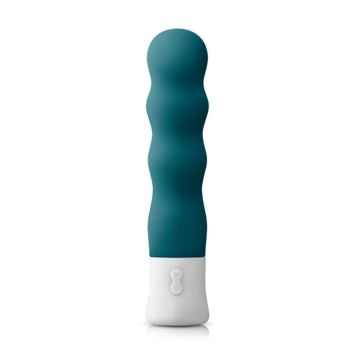 INYA Shake vibrator in dark teal silicone with rippled shaft and white base