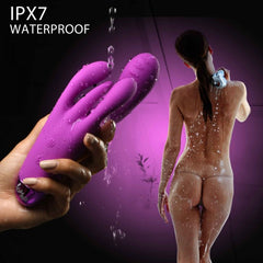 IPX7 waterproof Triple Rabbit Vibrator with water droplets on silicone surface