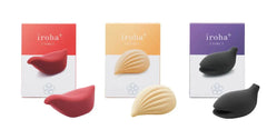 Iroha+ collection showing three vibrator styles in red, cream, and black with matching boxes