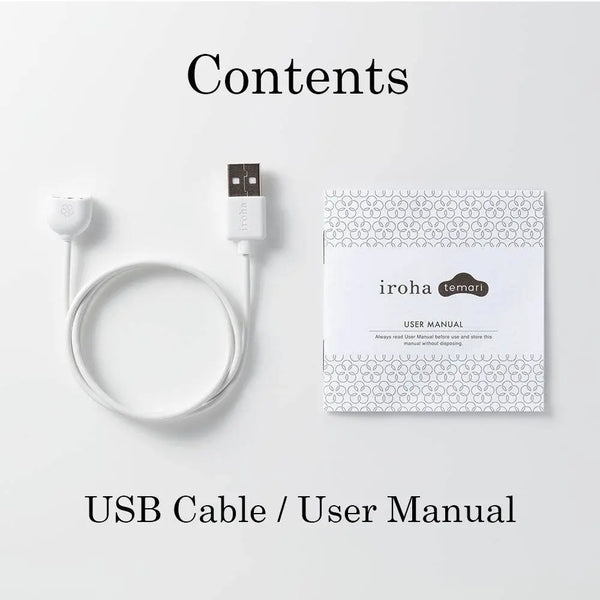 Iroha Temari package contents laid flat: USB charging cable and printed user manual
