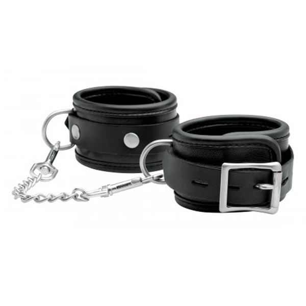 Isabella Sinclaire black genuine leather wrist cuffs with silver chain and buckle closure