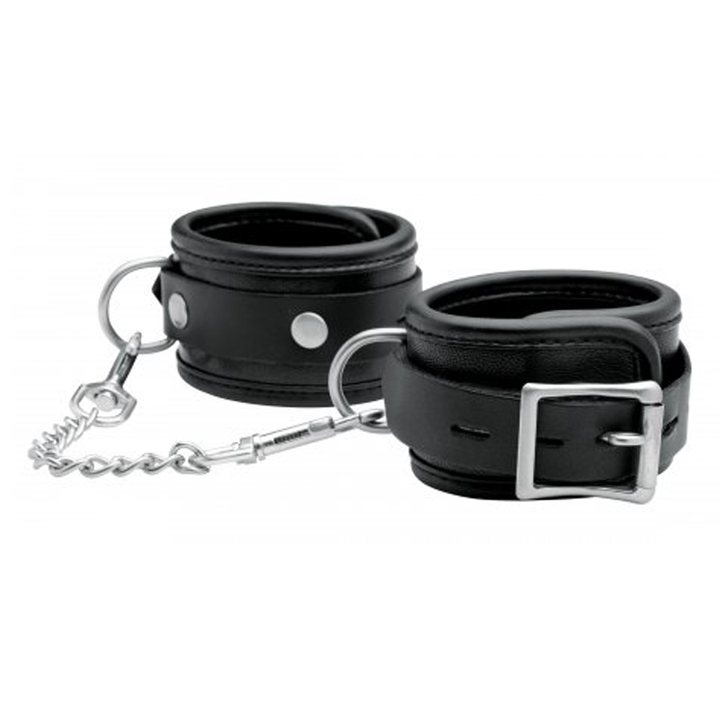 Isabella Sinclaire black genuine leather wrist cuffs with silver chain and buckle closure