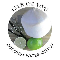 Isle of You scent profile graphic showing fresh coconut water and citrus fragrance notes