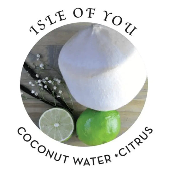 Isle of You scent profile label showing coconut water and citrus with fresh lime and coconut