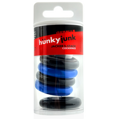 Jacker 5-Stack cockrings in clear clamshell packaging showing blue and black stacked rings
