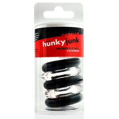 Jacker 5-Stack cockrings in retail clamshell packaging showing black and clear ring set