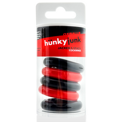 Jacker 5-Stack cockrings in retail packaging showing red and black set by Hunkyjunk brand