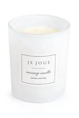 Je Joue Jasmine and Lily massage candle in frosted glass jar with elegant label, close-up