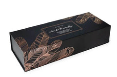 Je Joue Naughty Gift Set closed black box with rose gold foil feather print exterior
