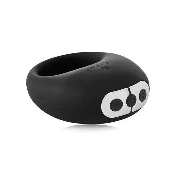 Je Joue Mio black silicone vibrating cock ring shown at an angle with control buttons