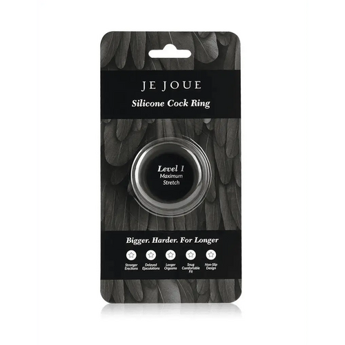 Je Joue Maximum Stretch Cock Ring in black retail packaging with Level 1 label