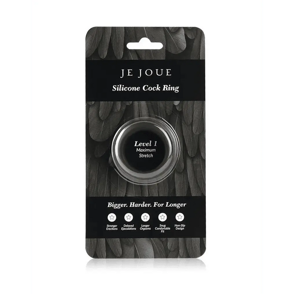 Je Joue Maximum Stretch Cock Ring in black retail packaging with Level 1 label