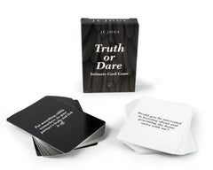 Je Joue Truth or Dare intimate card game box with spread of black and white cards