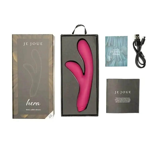 Je Joue Hera rabbit vibrator in fuchsia silicone shown with box, USB cable, and booklet