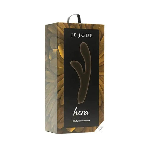 Je Joue Hera rabbit vibrator in dark packaging with gold feather design and product silhouette