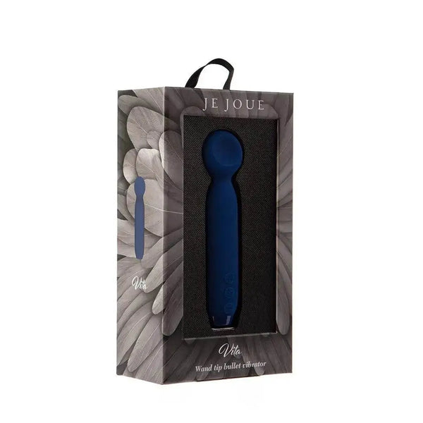 Je Joue Vita wand bullet vibrator in cobalt blue silicone displayed in luxury gift box