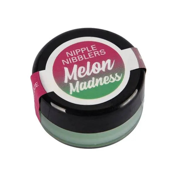 Jelique Nipple Nibblers Melon Madness cool tingle balm in a small black lidded jar