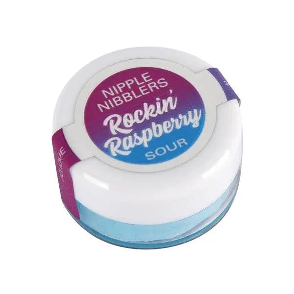 Jelique Nipple Nibblers Rockin' Raspberry Sour Balm in a compact 3g jar, closed lid