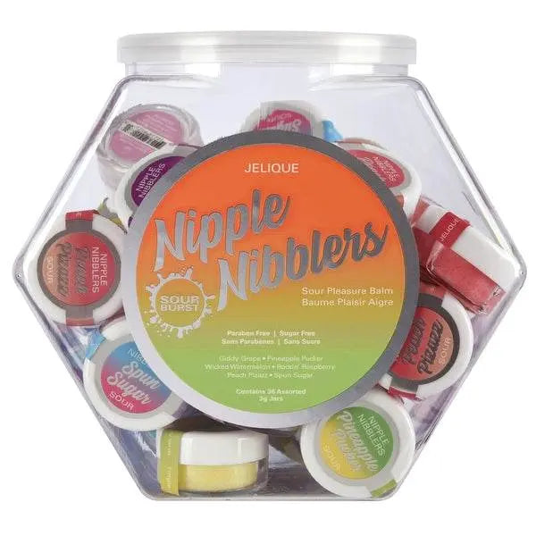 Jelique Nipple Nibblers Sour Pleasure Balm display bowl showing 36 assorted flavour jars