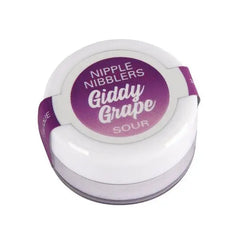 Jelique Nipple Nibblers Sour Pleasure Balm in Giddy Grape, compact white jar with purple label