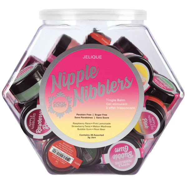 Jelique Nipple Nibblers tingle balm hexagonal display bowl with 36 assorted 3g jars