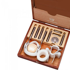 Jes-Extender Original kit displayed in open cherry wood storage box with extension rods and rings
