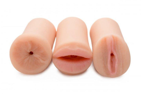 Jesse Jane 3 Way Stroker Set showing three soft-skin-tone masturbator openings side by side