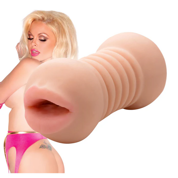 Jesse Jane Ass to Mouth Double Stroker beside model reference, flesh-tone soft TPE