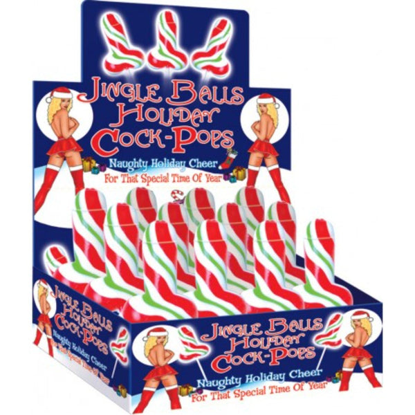 Jingle Bells Cock Pops 12-piece holiday display box with red, white, and green swirl candy pops