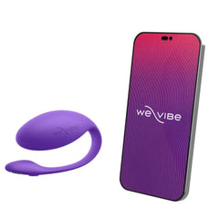 Jive Lite purple vibrator beside smartphone showing the free We-Vibe app interface