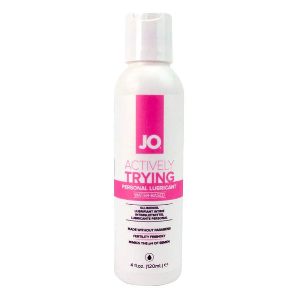 JO Actively Trying water-based personal lubricant, 120 mL white bottle with pink label