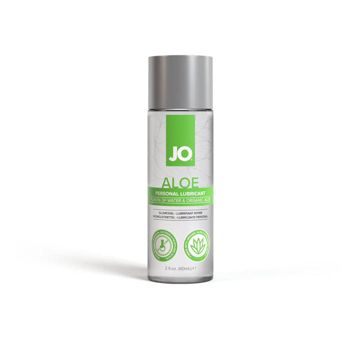 JO Aloe personal lubricant in a clear 2 fl oz bottle with green label and silver cap