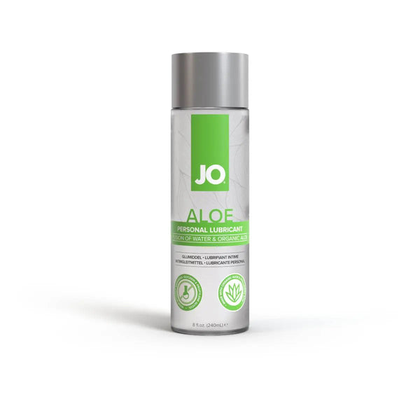 JO Aloe personal lubricant front view, clear bottle with green label, water-based formula, 240ml